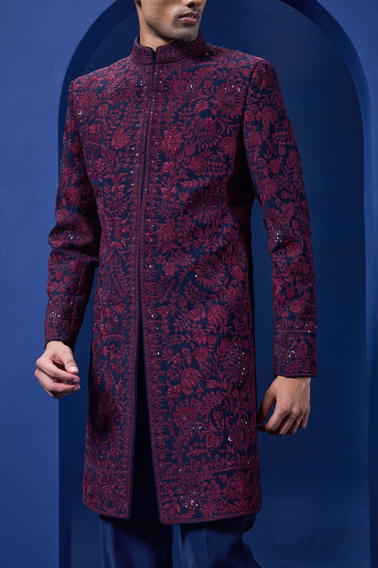 Navy blue Indo Western highlighted with sequins, pearls and wine thread work