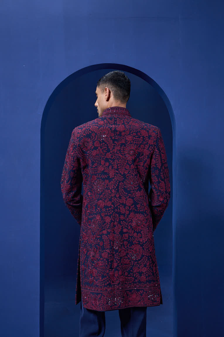 Navy blue Indo Western highlighted with sequins, pearls and wine thread work