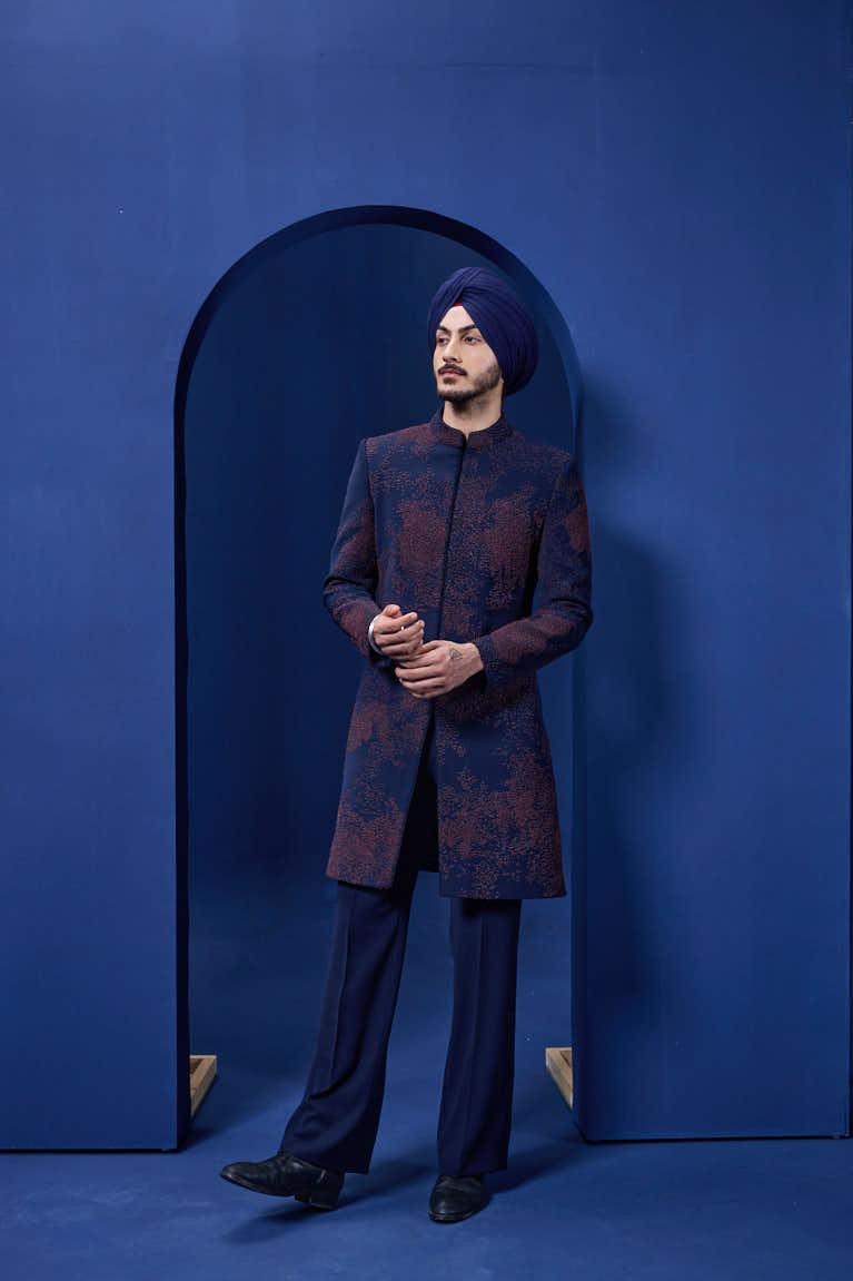 Navy blue indowestern detailing with thread work