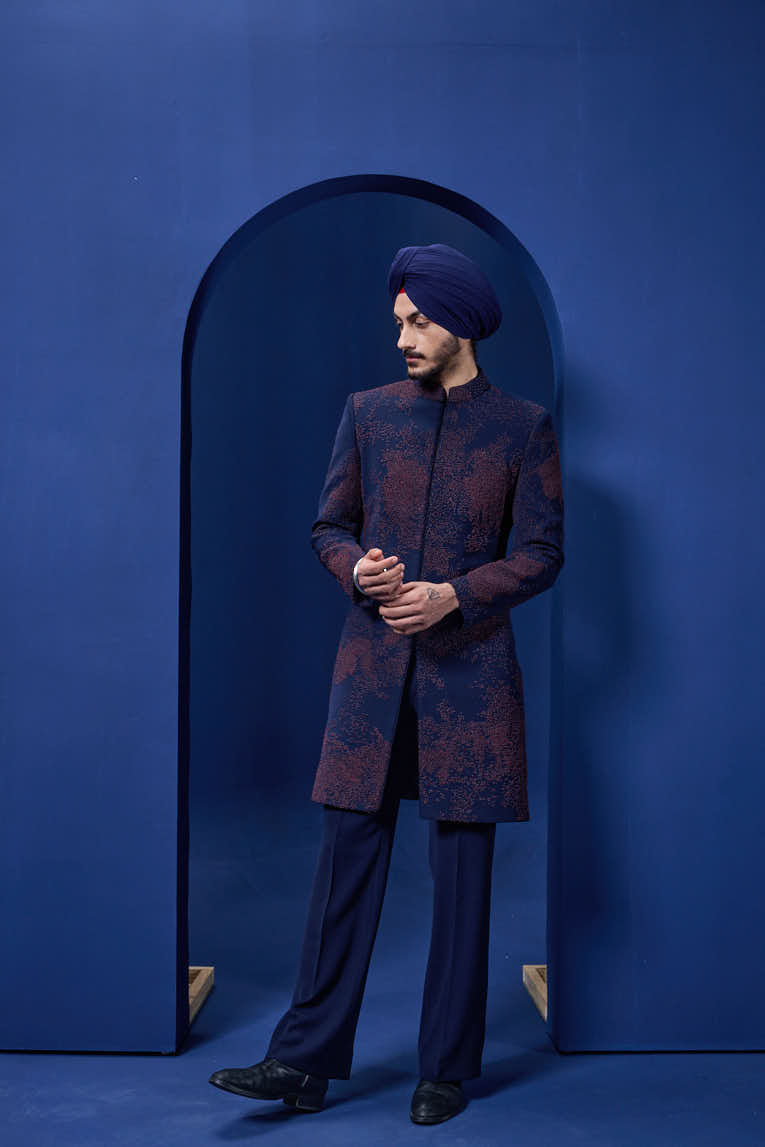Navy blue indowestern detailing with thread work