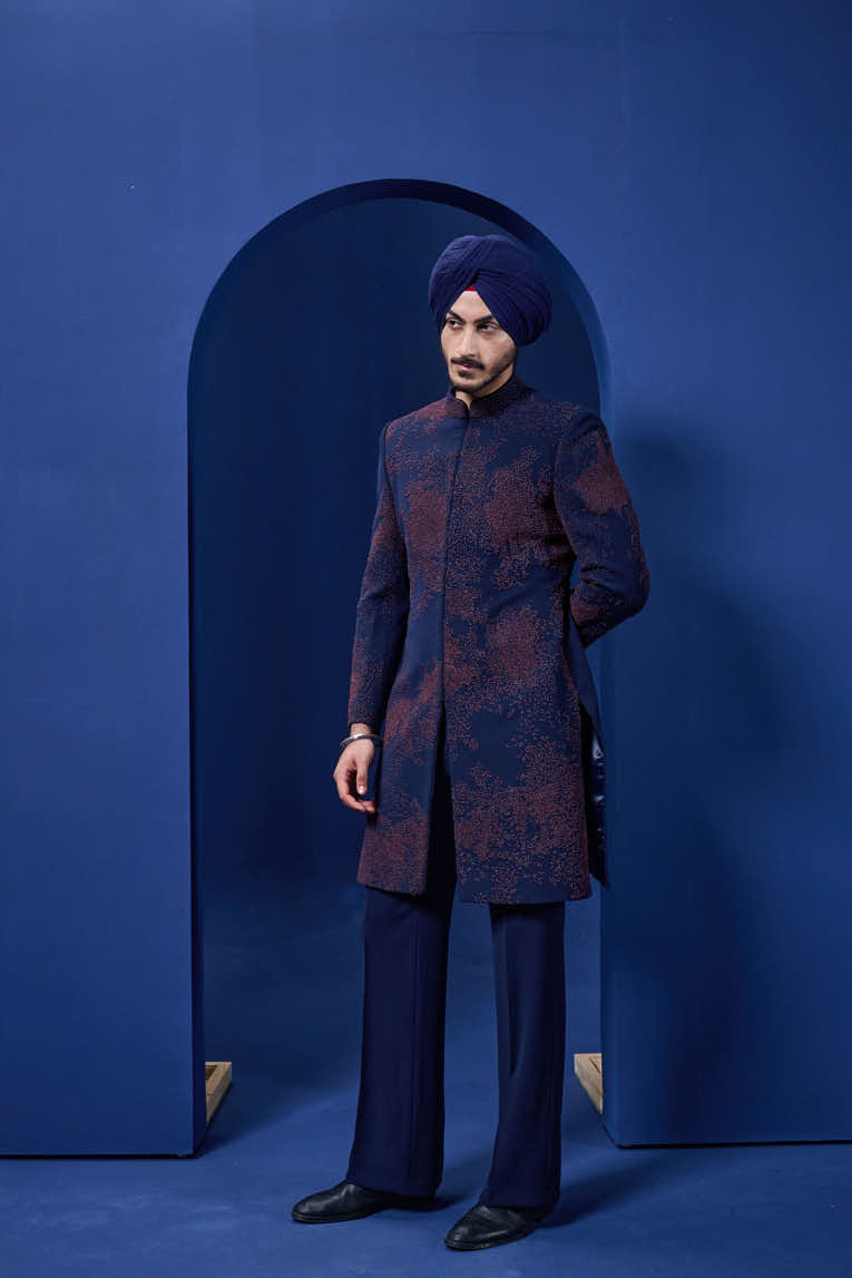 Navy blue indowestern detailing with thread work