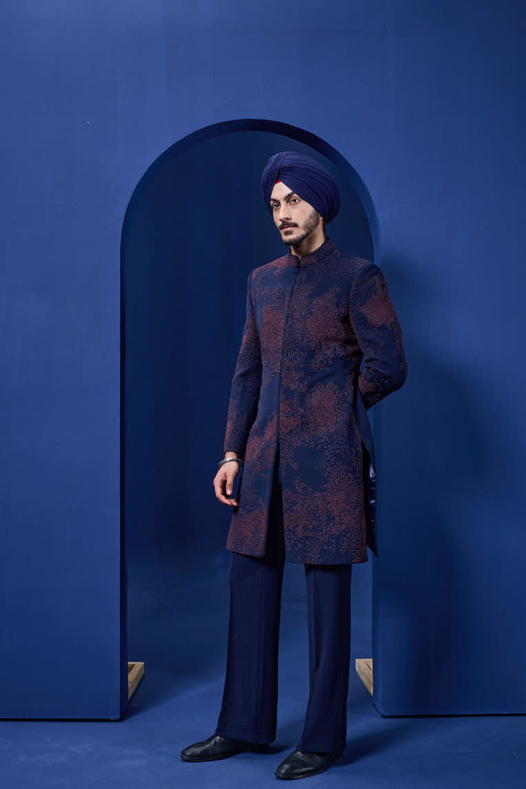 Navy blue indowestern detailing with thread work