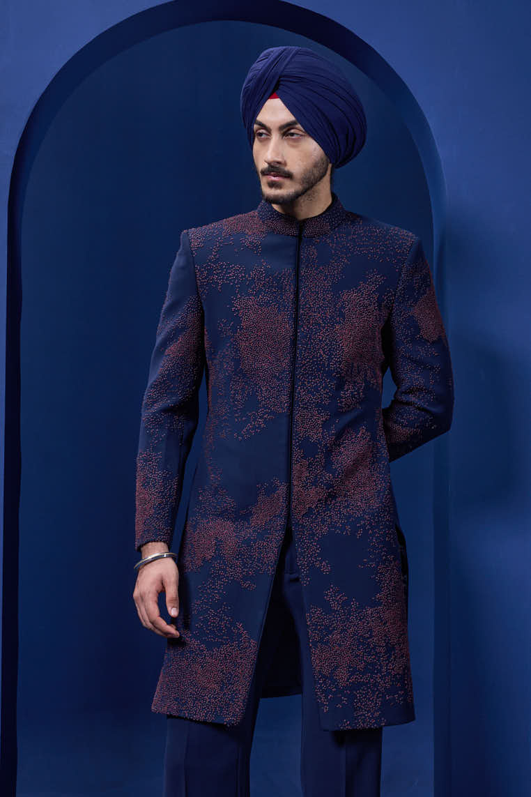 Navy blue indowestern detailing with thread work