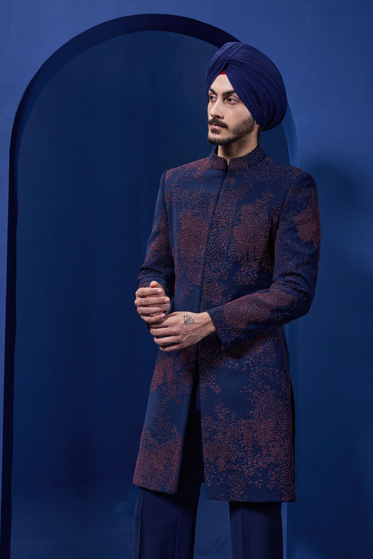 Navy blue indowestern detailing with thread work