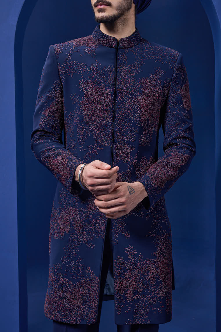 Navy blue indowestern detailing with thread work