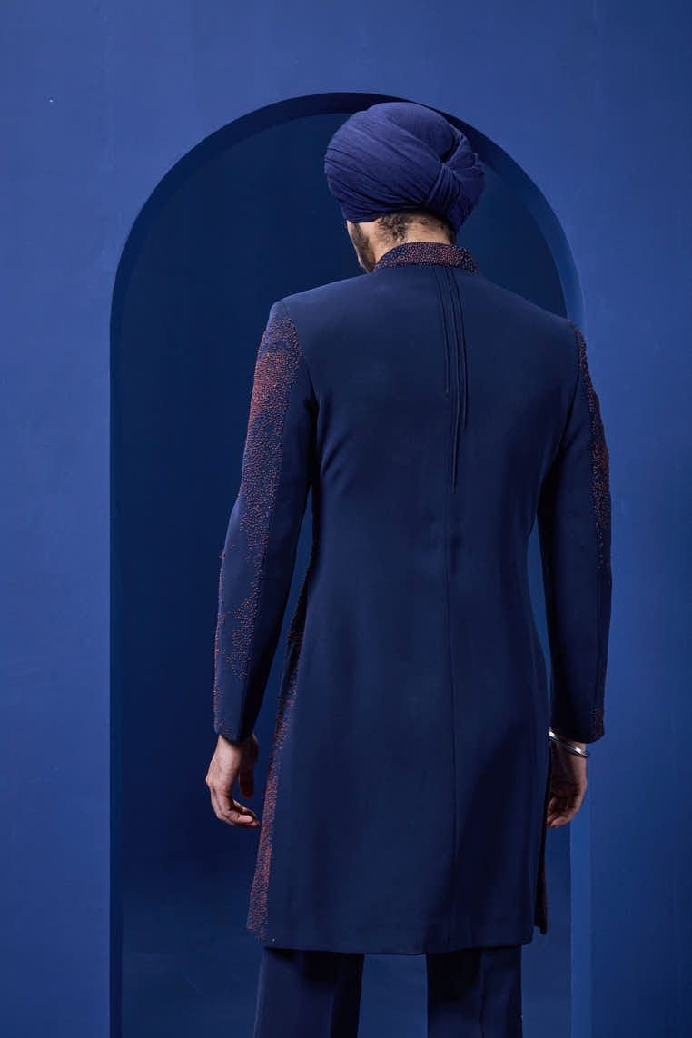 Navy blue indowestern detailing with thread work