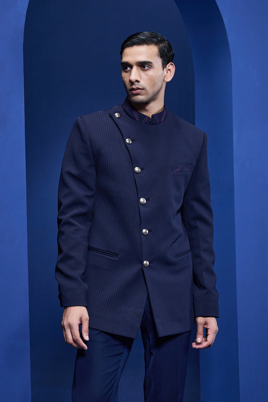 Navy Blue bandhgala detailing with golden button with side pintex