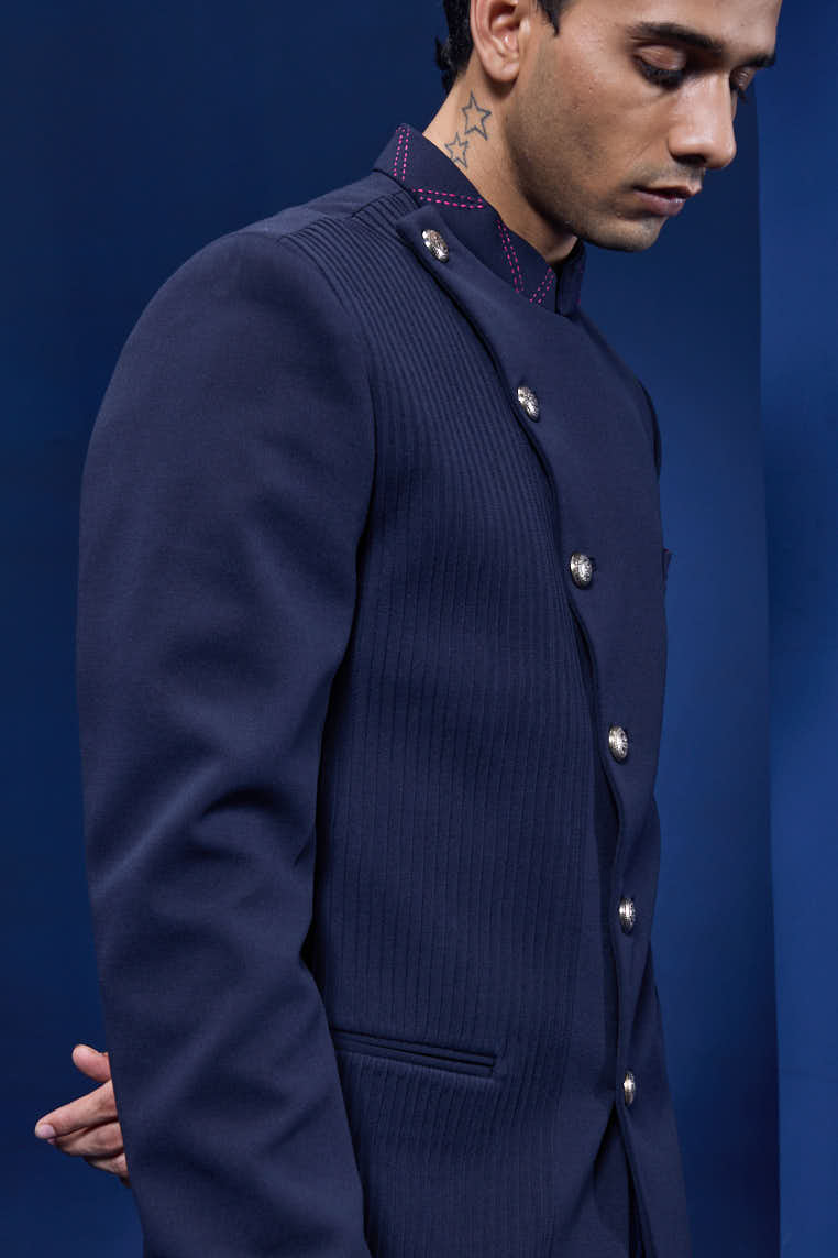Navy Blue bandhgala detailing with golden button with side pintex