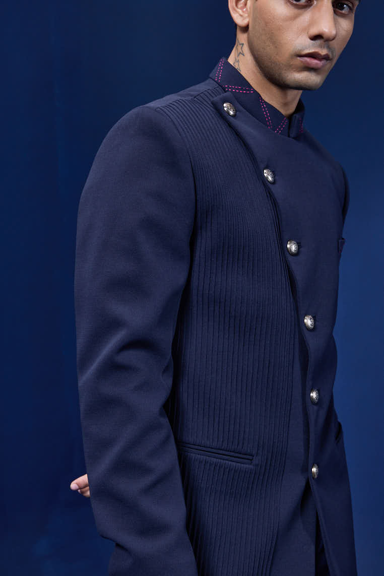Navy Blue bandhgala detailing with golden button with side pintex
