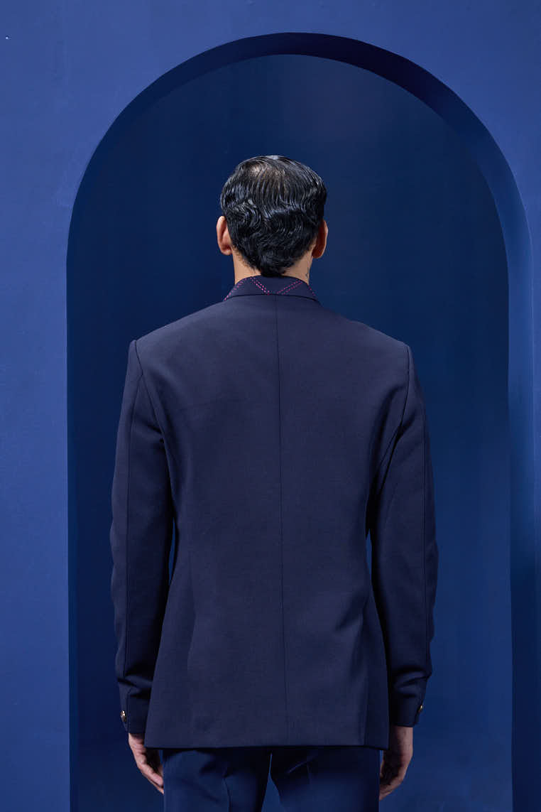 Navy Blue bandhgala detailing with golden button with side pintex