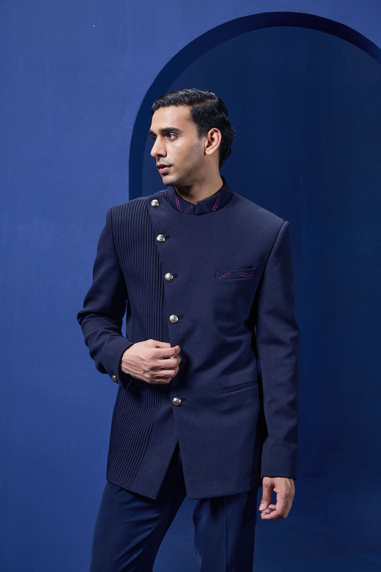 Navy Blue bandhgala detailing with golden button with side pintex