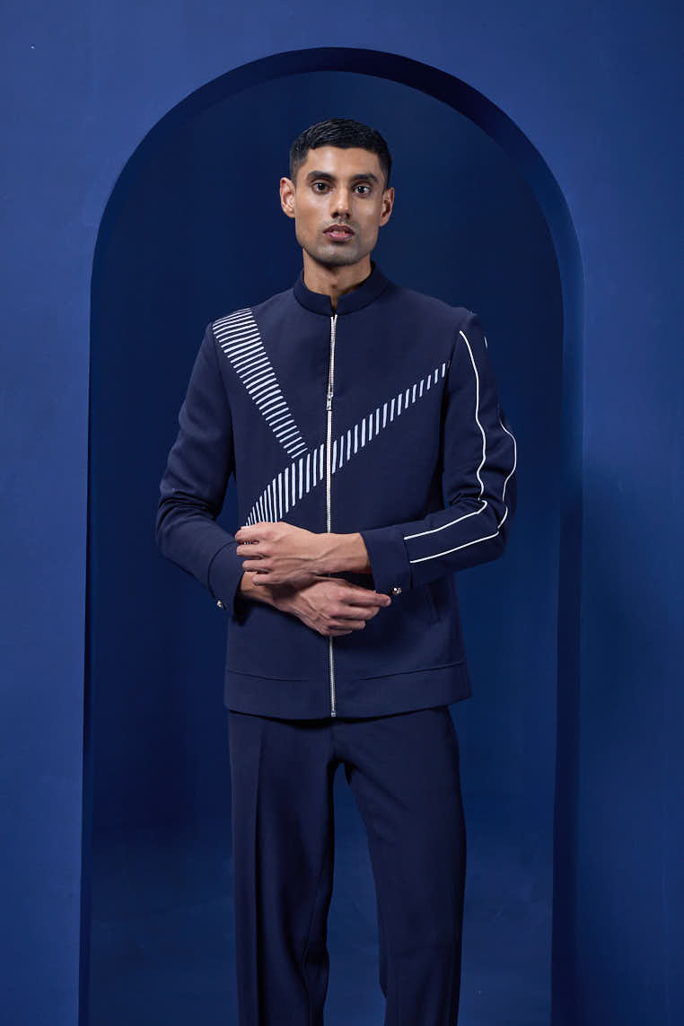 Navy blue jacket detailing with Aplic work and zipper