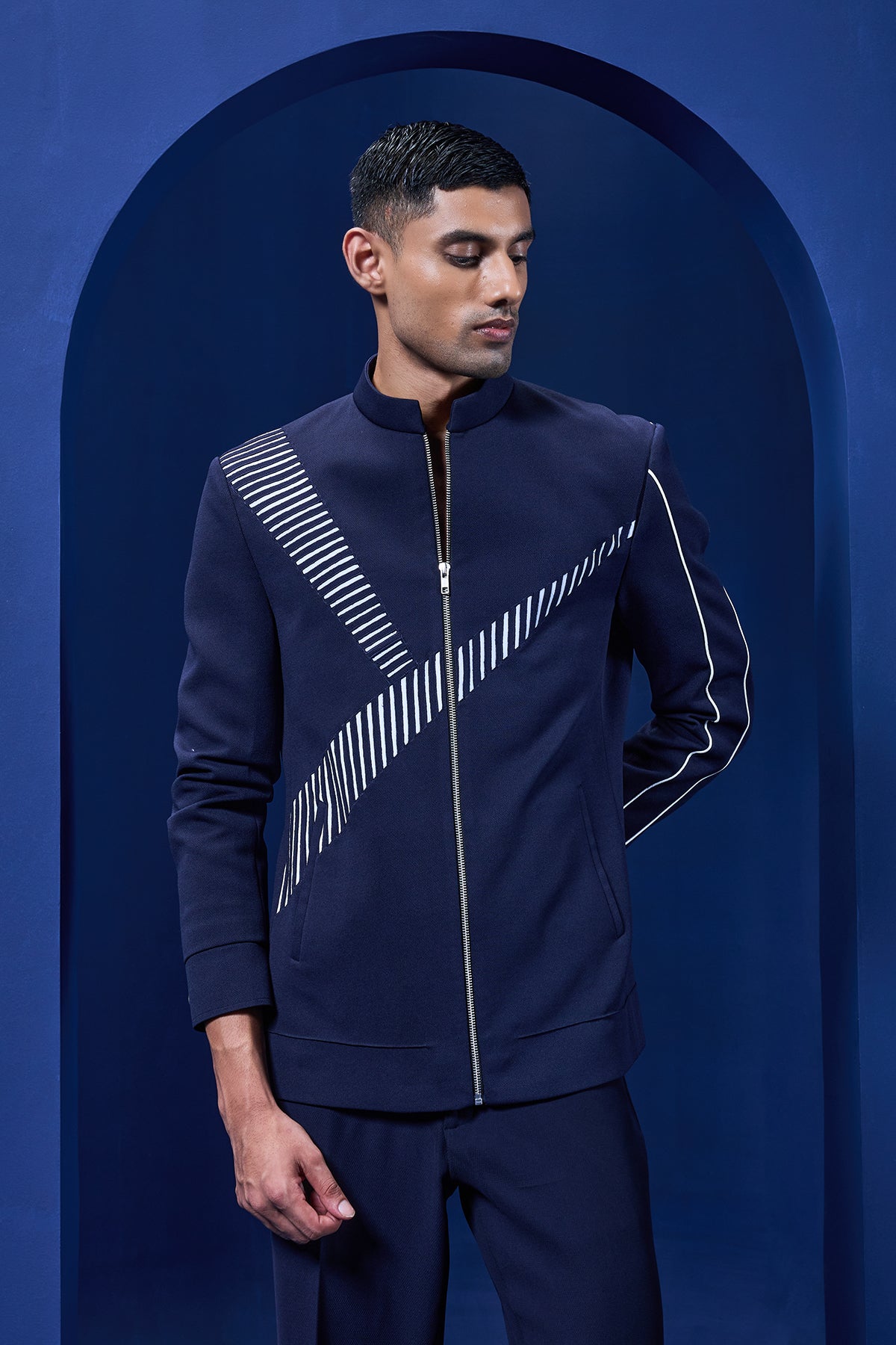 Navy blue jacket detailing with Aplic work and zipper
