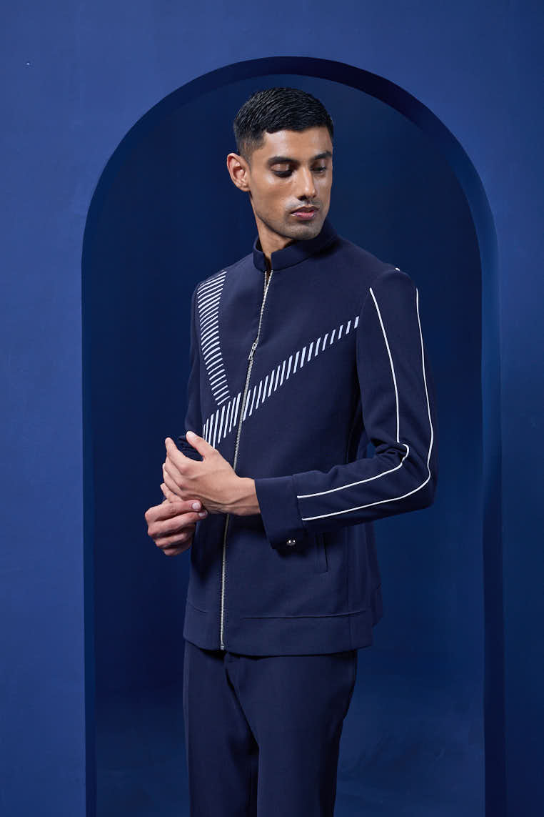 Navy blue jacket detailing with Aplic work and zipper