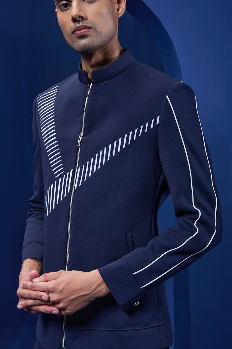 Navy blue jacket detailing with Aplic work and zipper