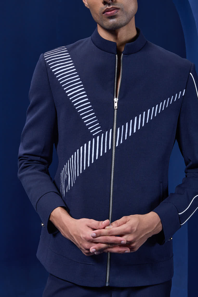 Navy blue jacket detailing with Aplic work and zipper