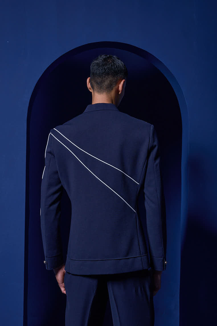 Navy blue jacket detailing with Aplic work and zipper