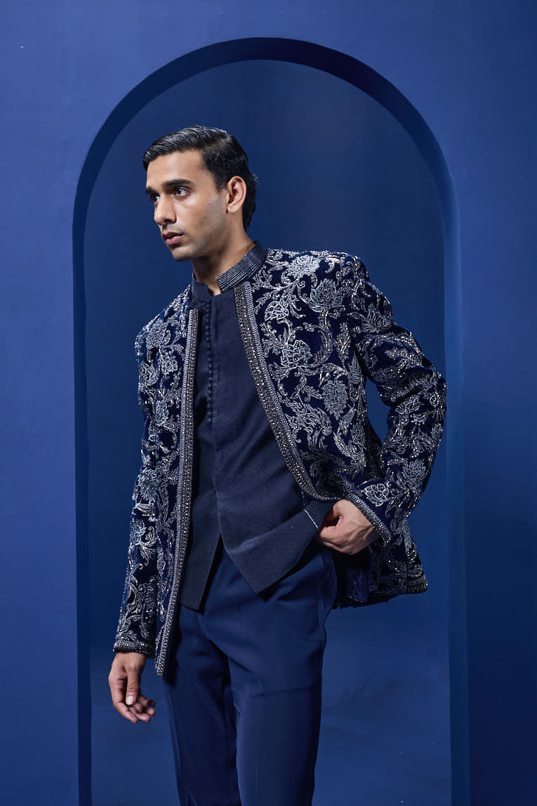 Navy Blue open bandhgala
with silver zari , sequins & pearl
work