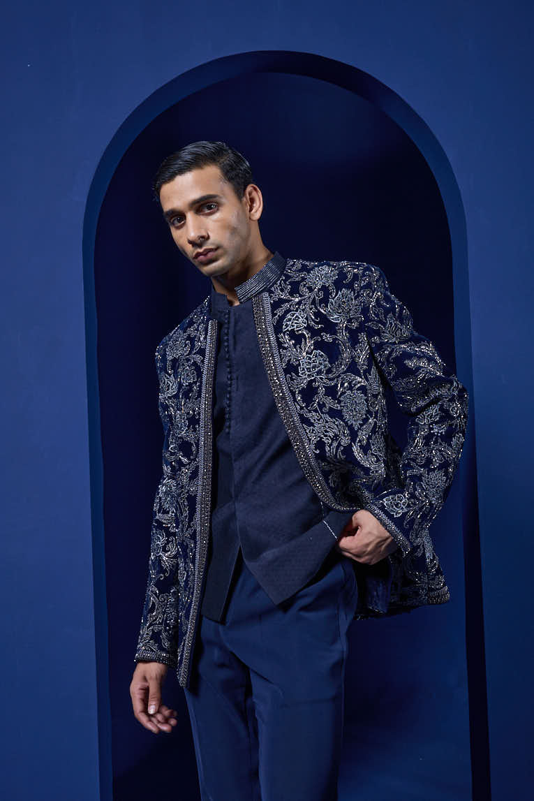 Navy Blue open bandhgala
with silver zari , sequins & pearl
work