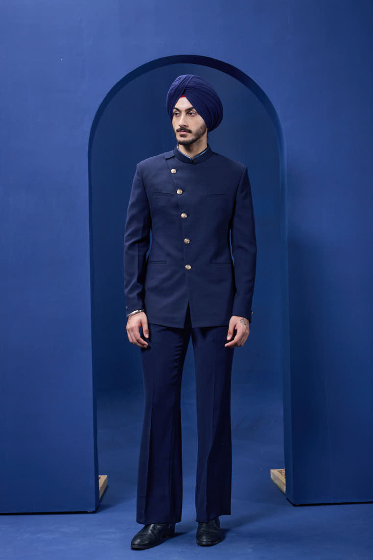 Navy blue bandhgala detailing with golden button satin taping