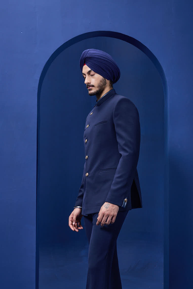 Navy blue bandhgala detailing with golden button satin taping