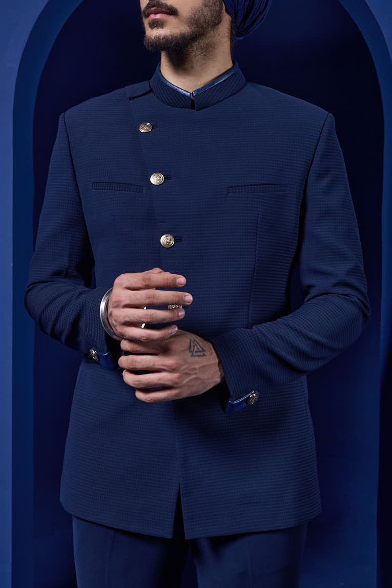 Navy blue bandhgala detailing with golden button satin taping