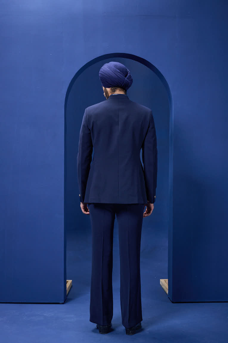 Navy blue bandhgala detailing with golden button satin taping