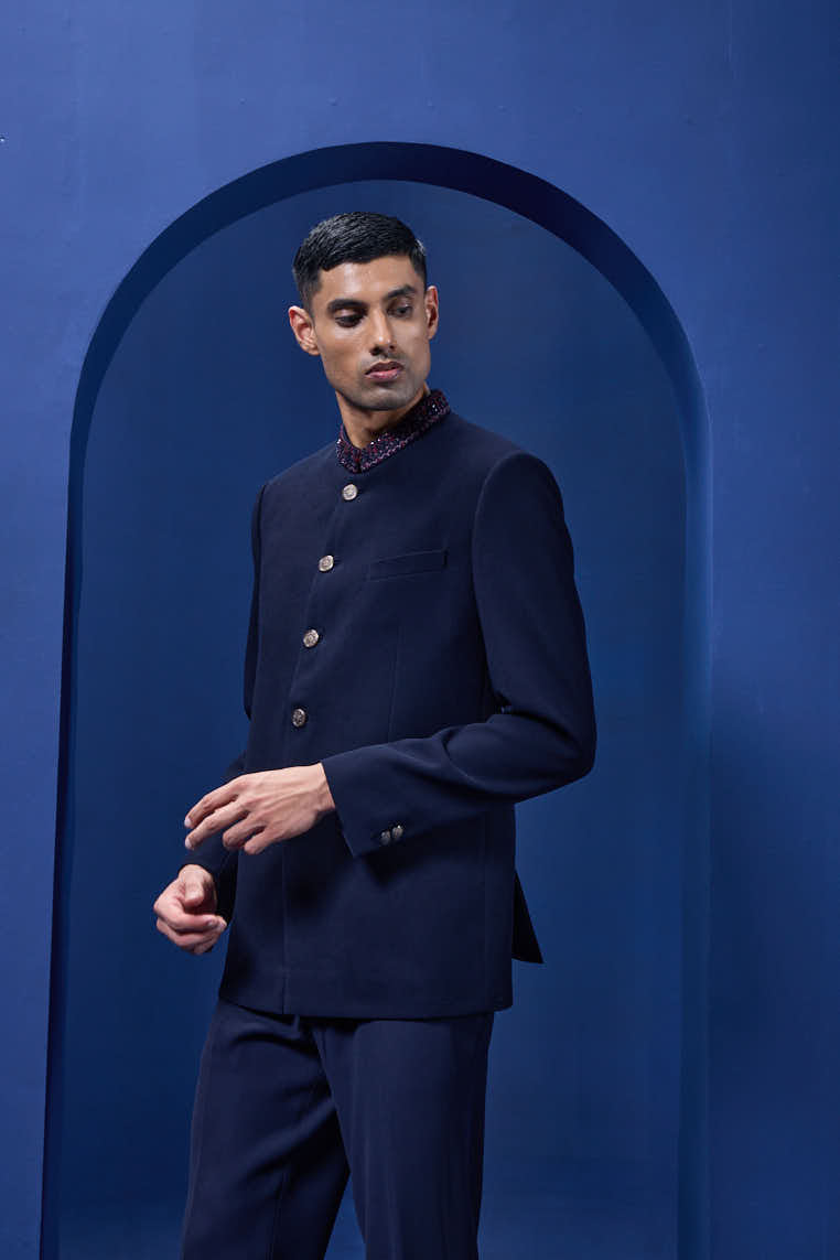 Navy blue bandhgala detailing with golden button, sequins , cutdana and thread work