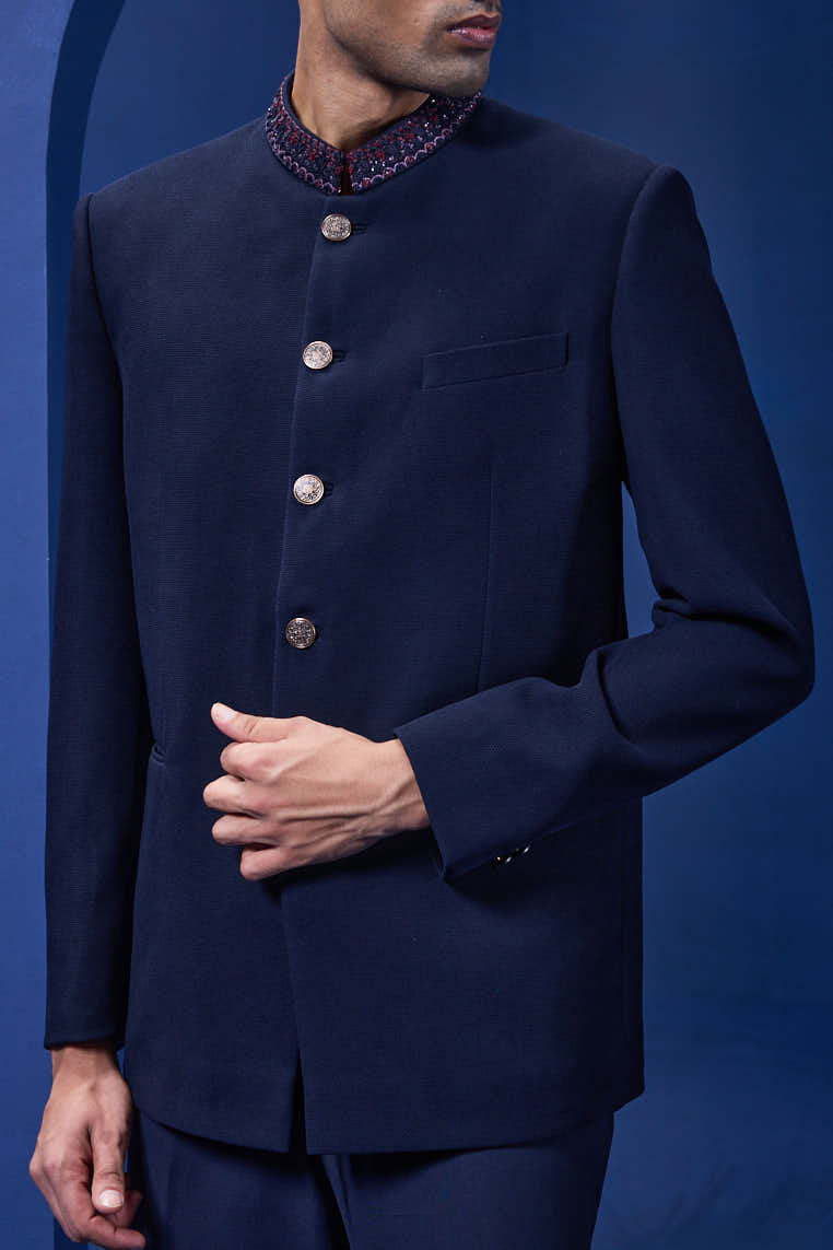 Navy blue bandhgala detailing with golden button, sequins , cutdana and thread work
