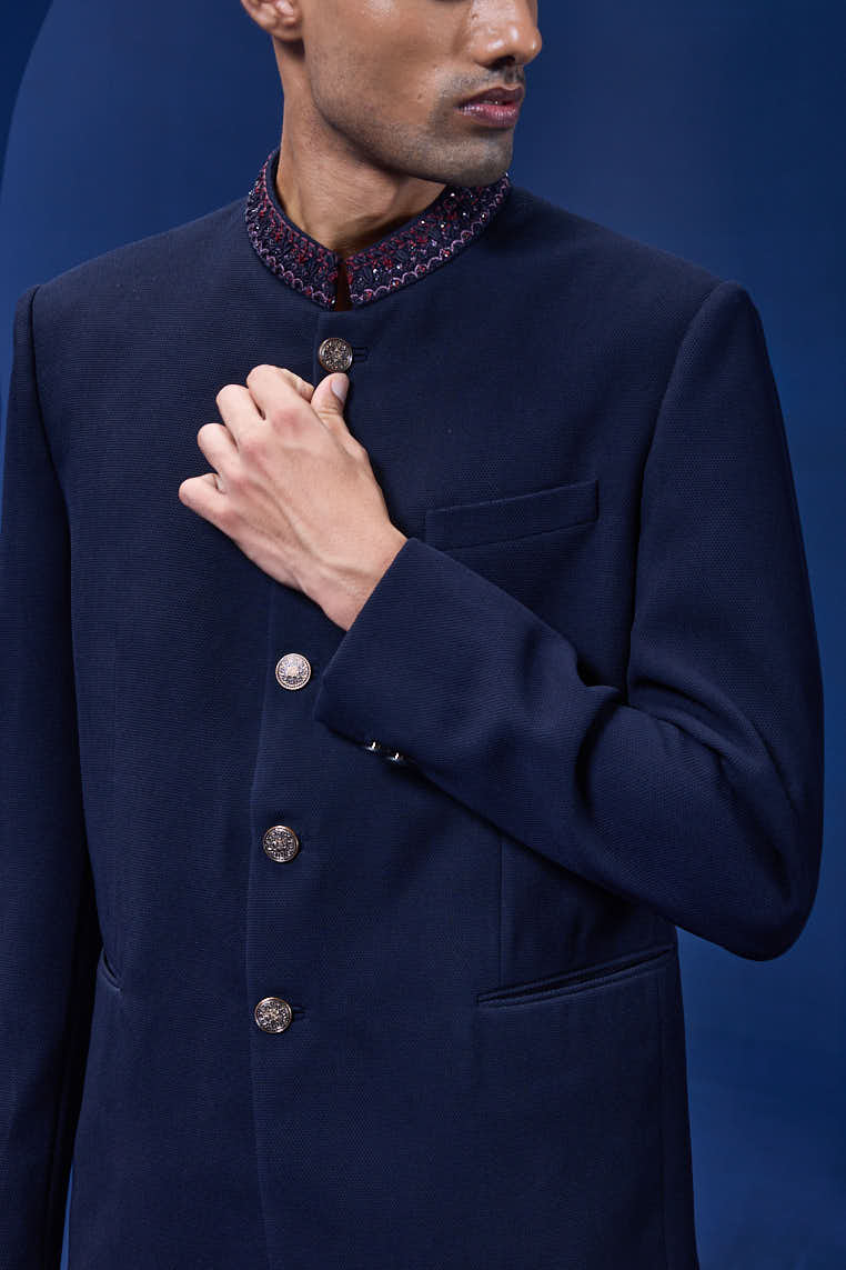 Navy blue bandhgala detailing with golden button, sequins , cutdana and thread work