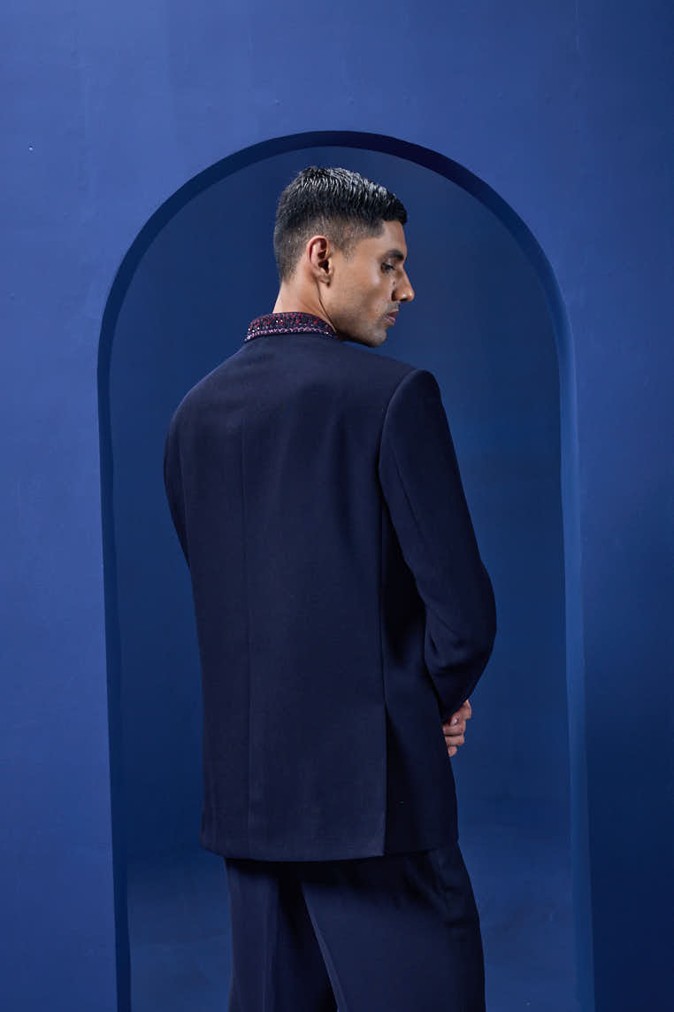 Navy blue bandhgala detailing with golden button, sequins , cutdana and thread work