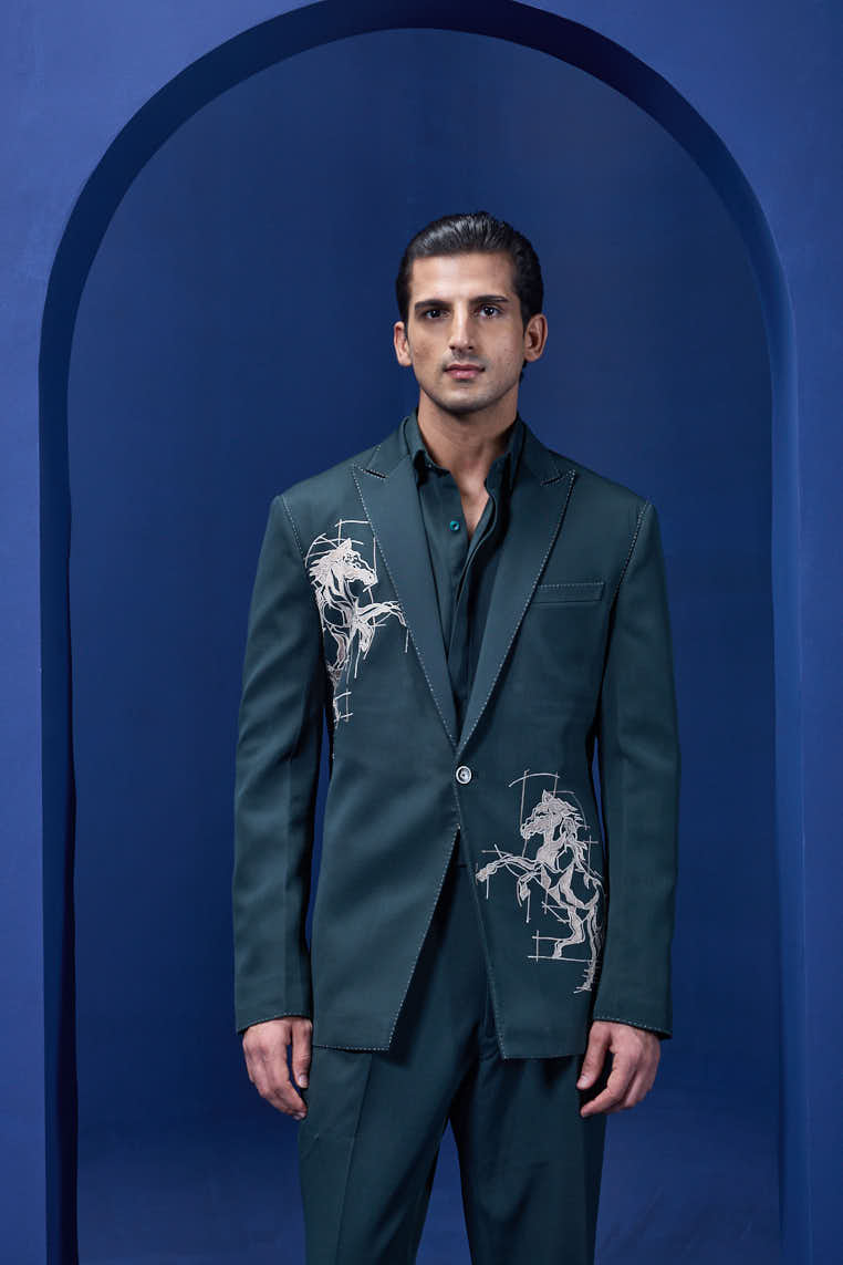 Green blazer detailing with thread work and horse embroidery