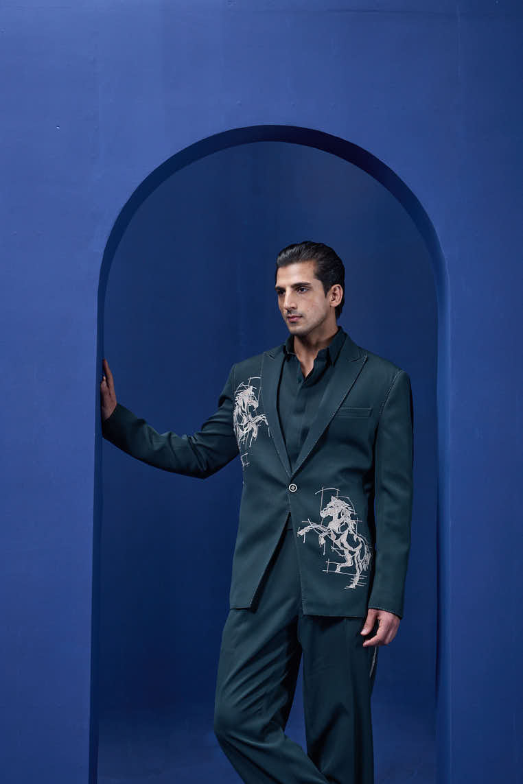 Green blazer detailing with thread work and horse embroidery