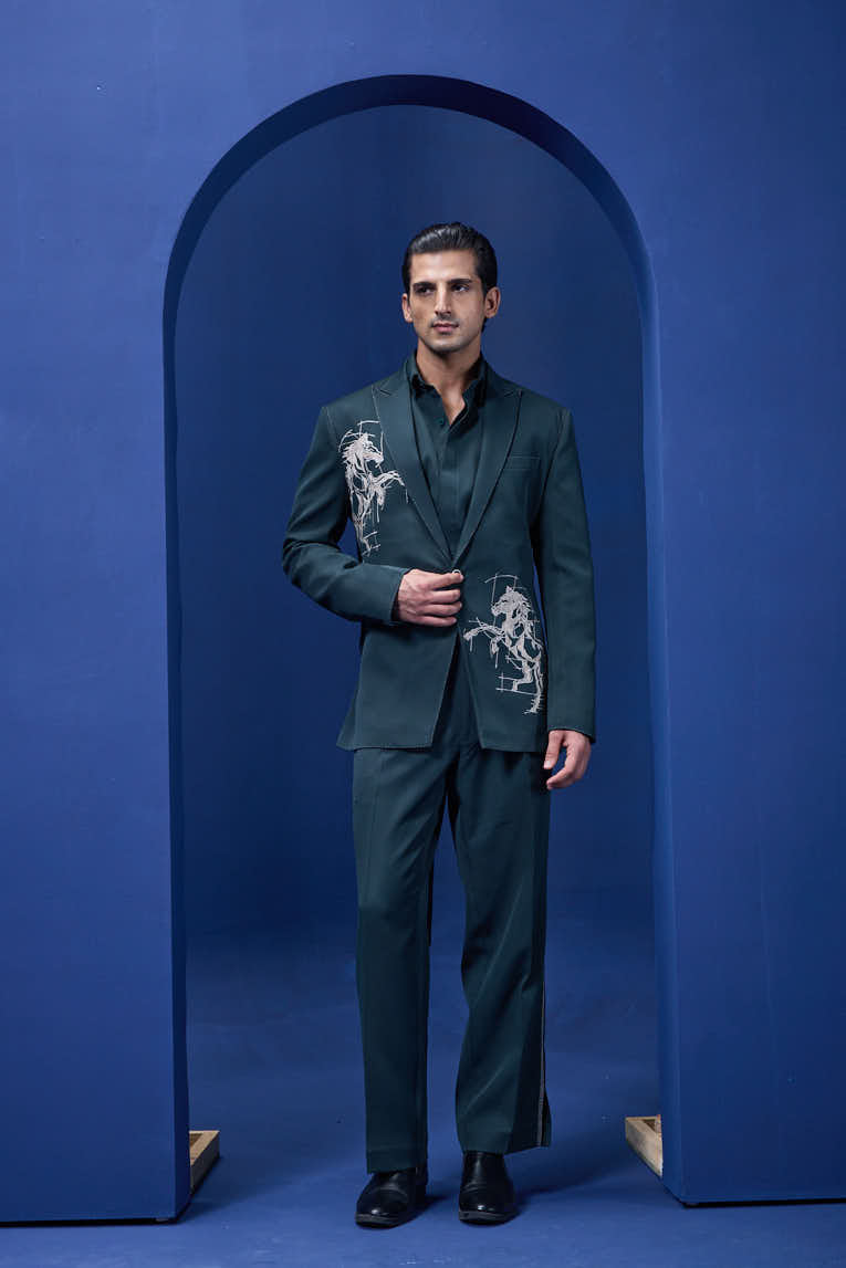 Green blazer detailing with thread work and horse embroidery
