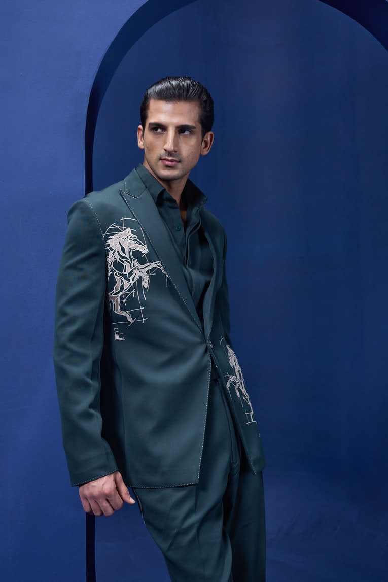 Green blazer detailing with thread work and horse embroidery