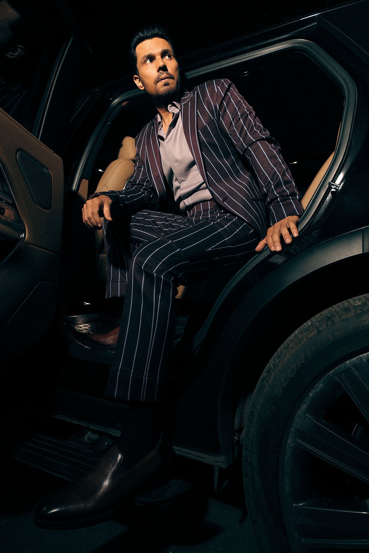 Randeep Hooda in Purple wine striped suit set