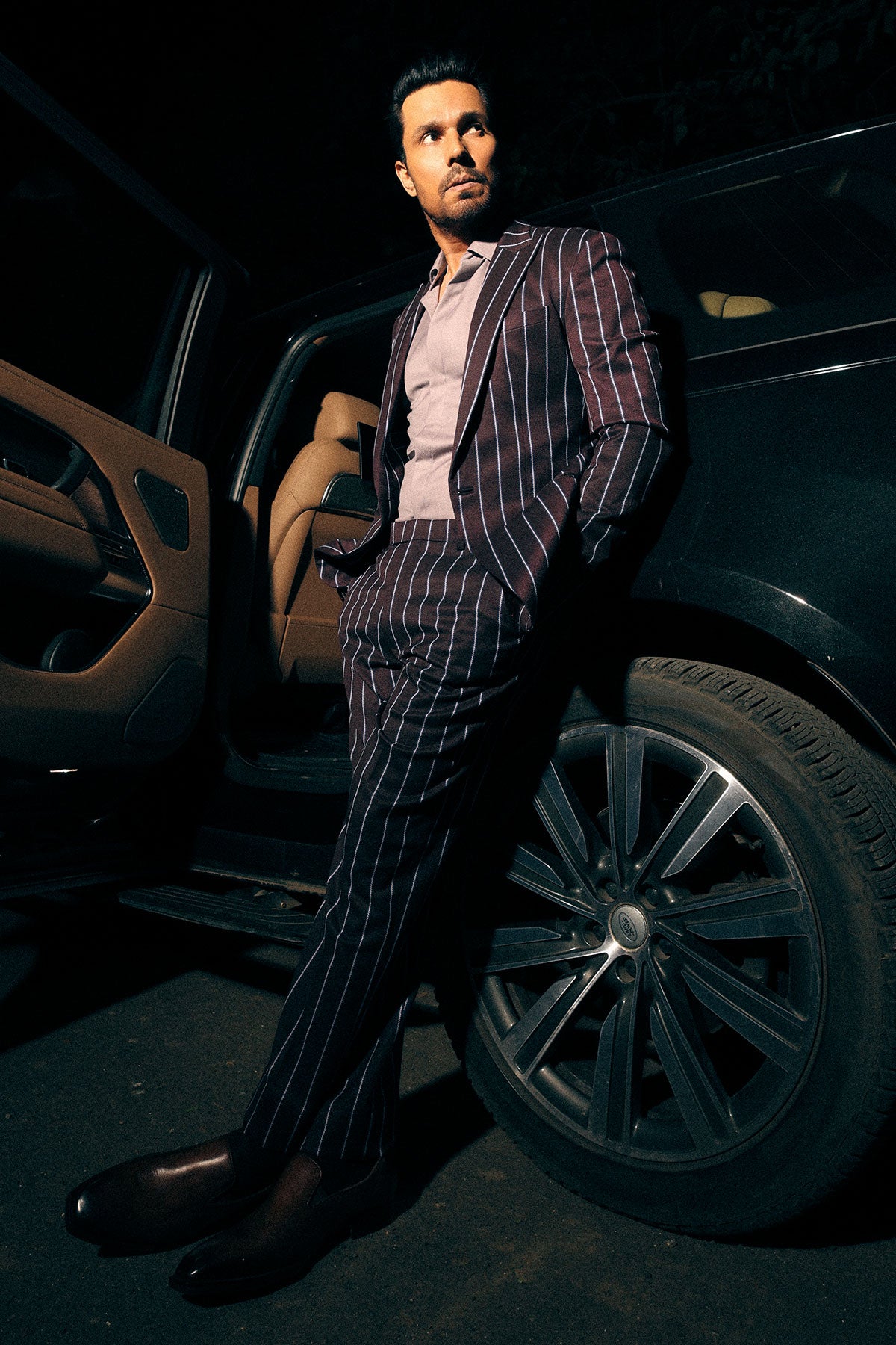 Randeep Hooda in Purple wine striped suit set