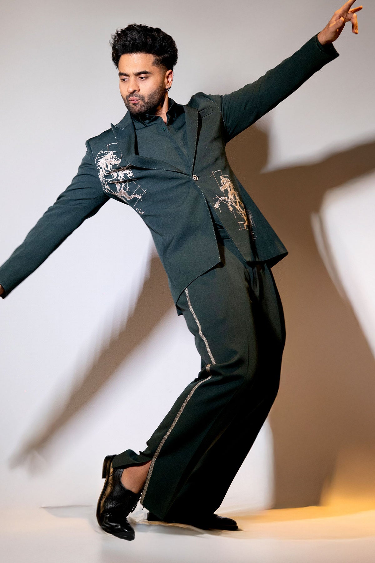 Jackky Bhagnani in Green blazer set