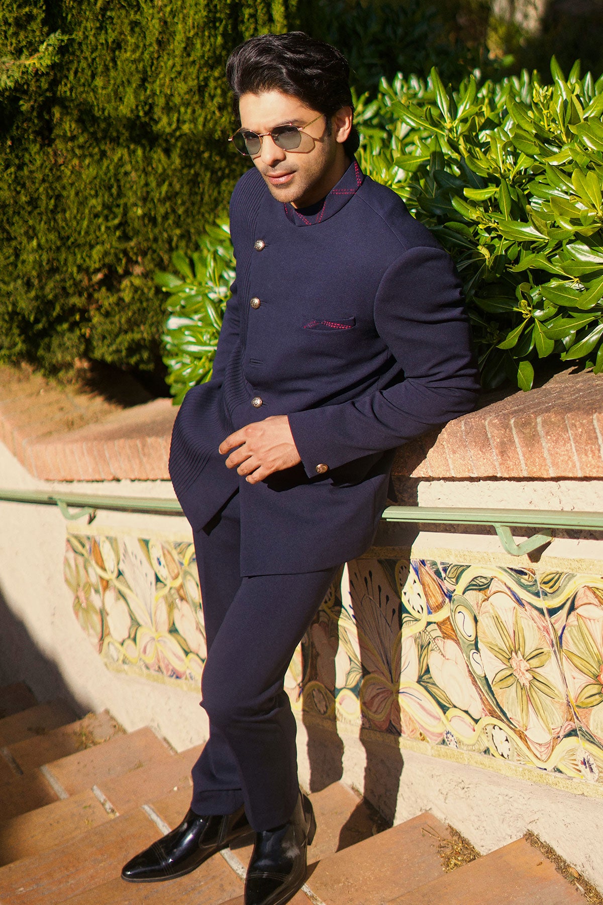 Taaha Shah in Navy Blue bandhgala set