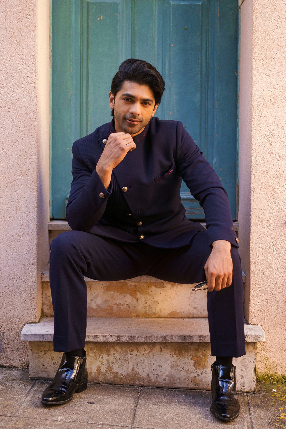 Taaha Shah in Navy Blue bandhgala set