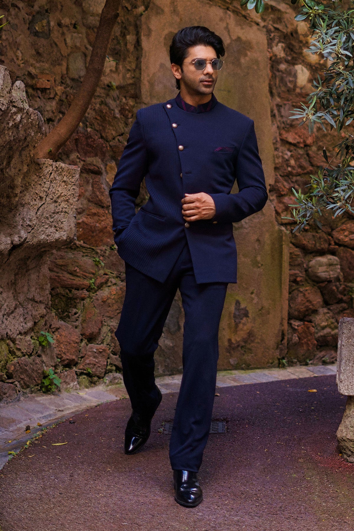 Taaha Shah in Navy Blue bandhgala set