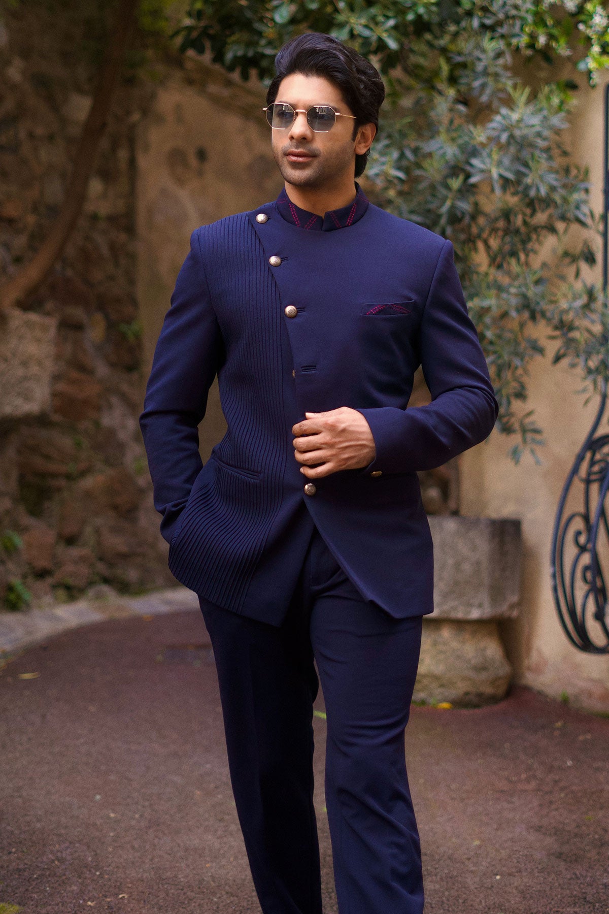 Taaha Shah in Navy Blue bandhgala set