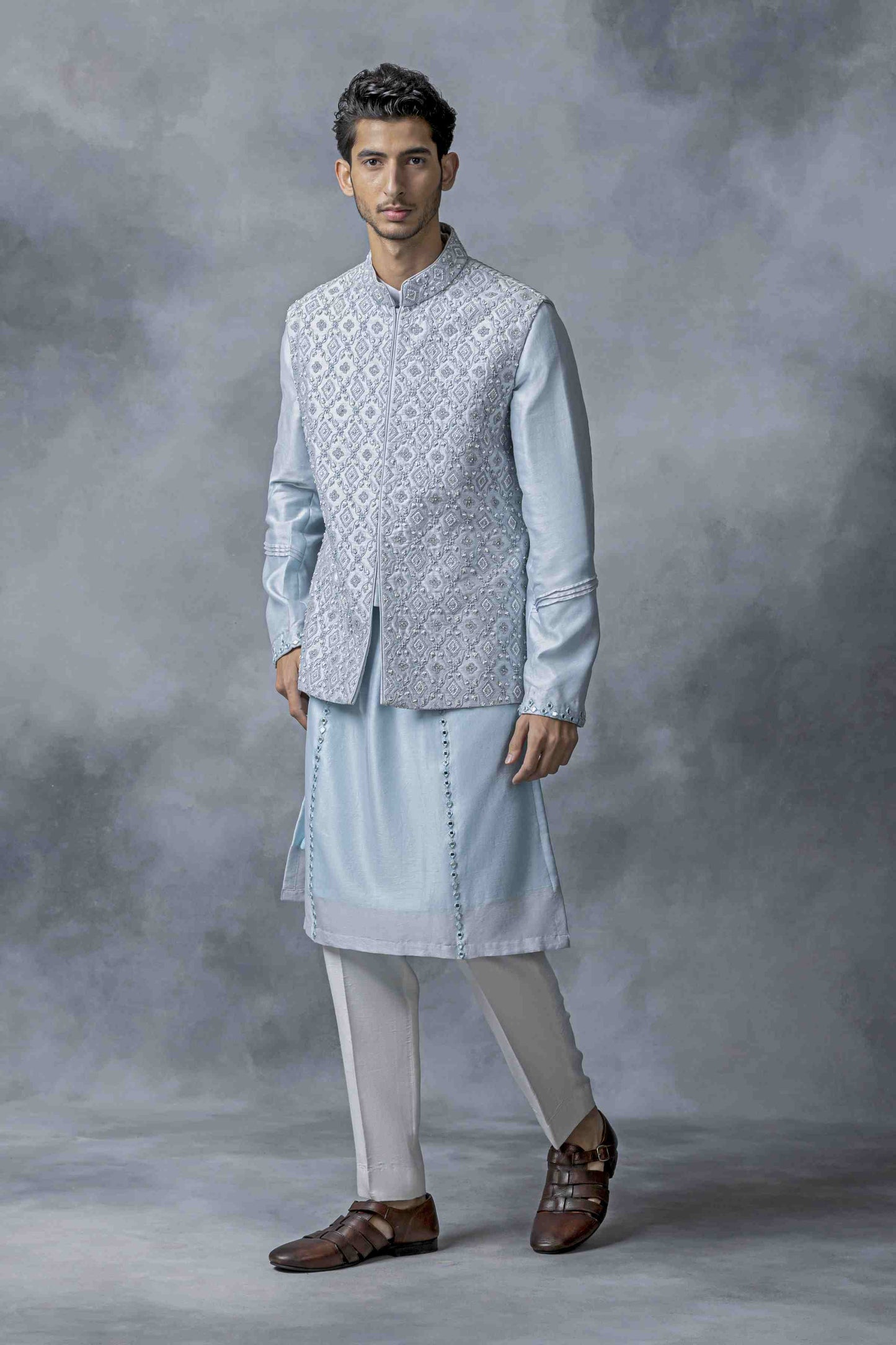 Sky Blue Pearl Work Waistcoat Set