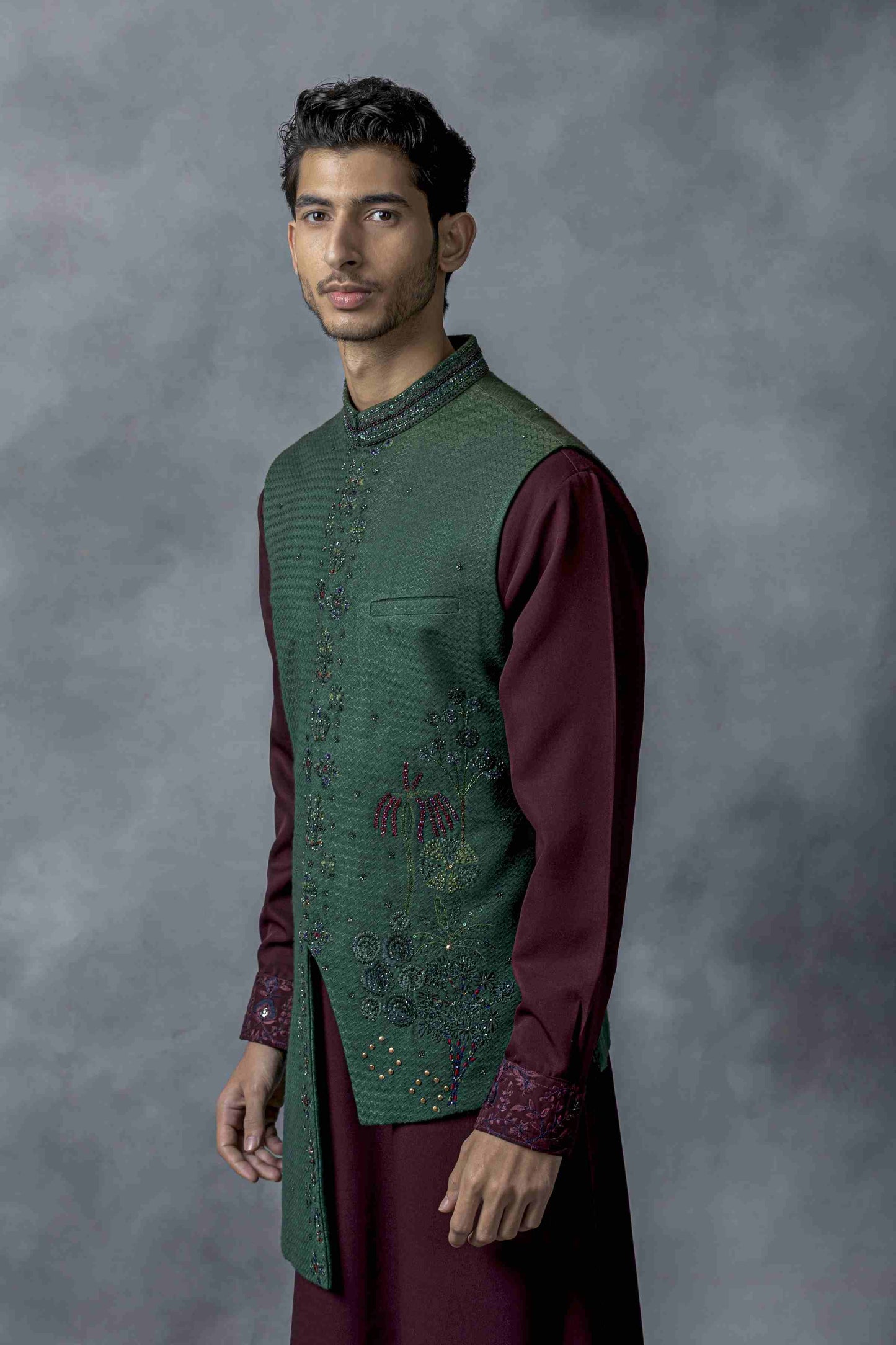 Green And Wine Pearl Work Waistcoat Set