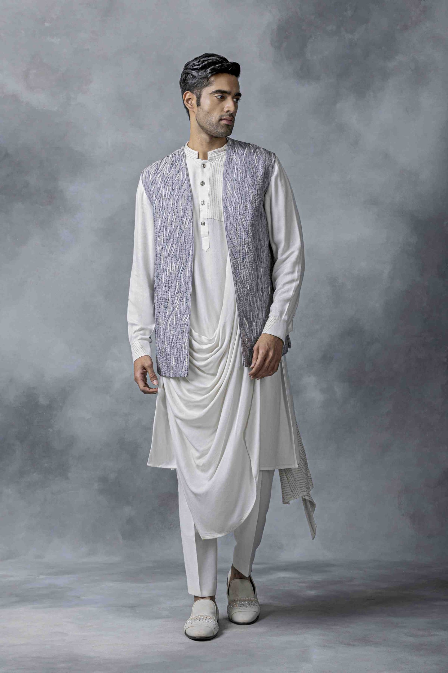 Grey And White Open Waistcoat Set