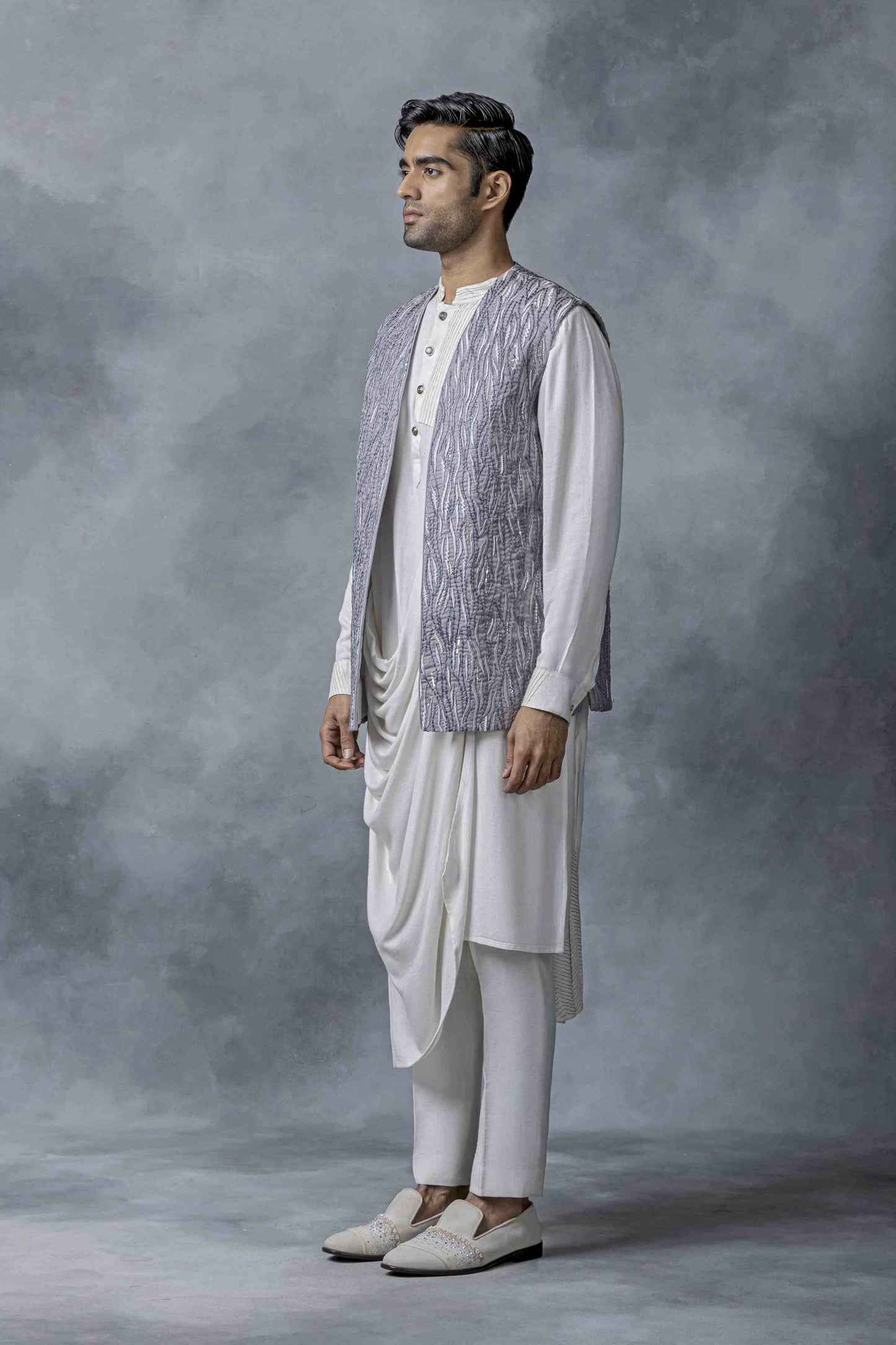 Grey And White Open Waistcoat Set