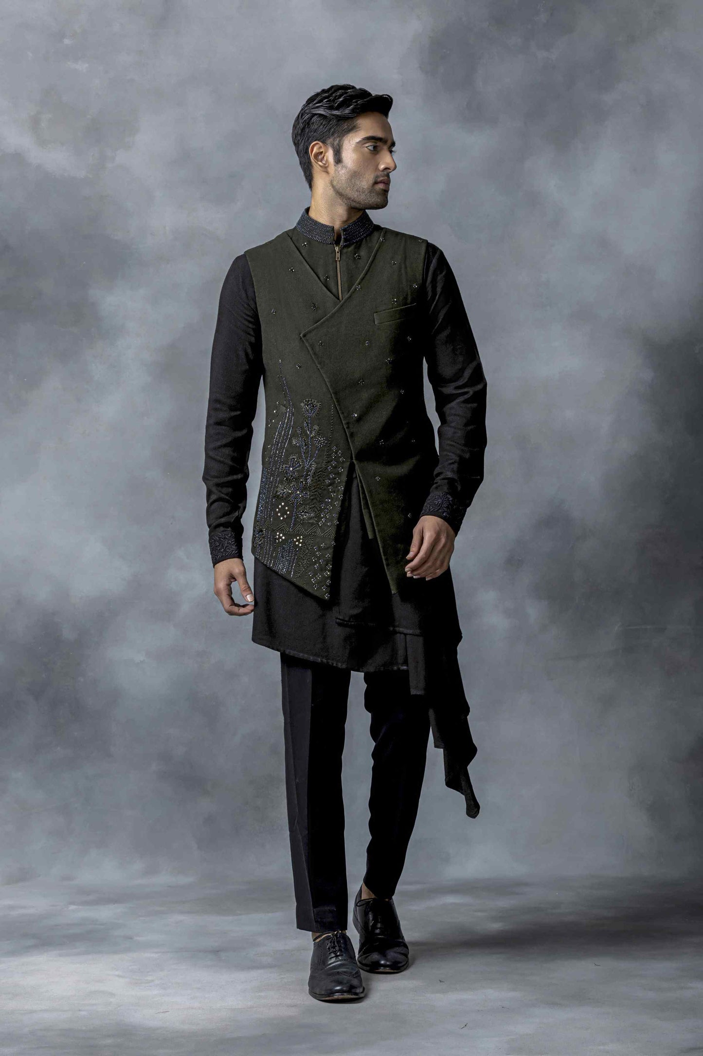 Olive Green Asymmetrical Kurta Set