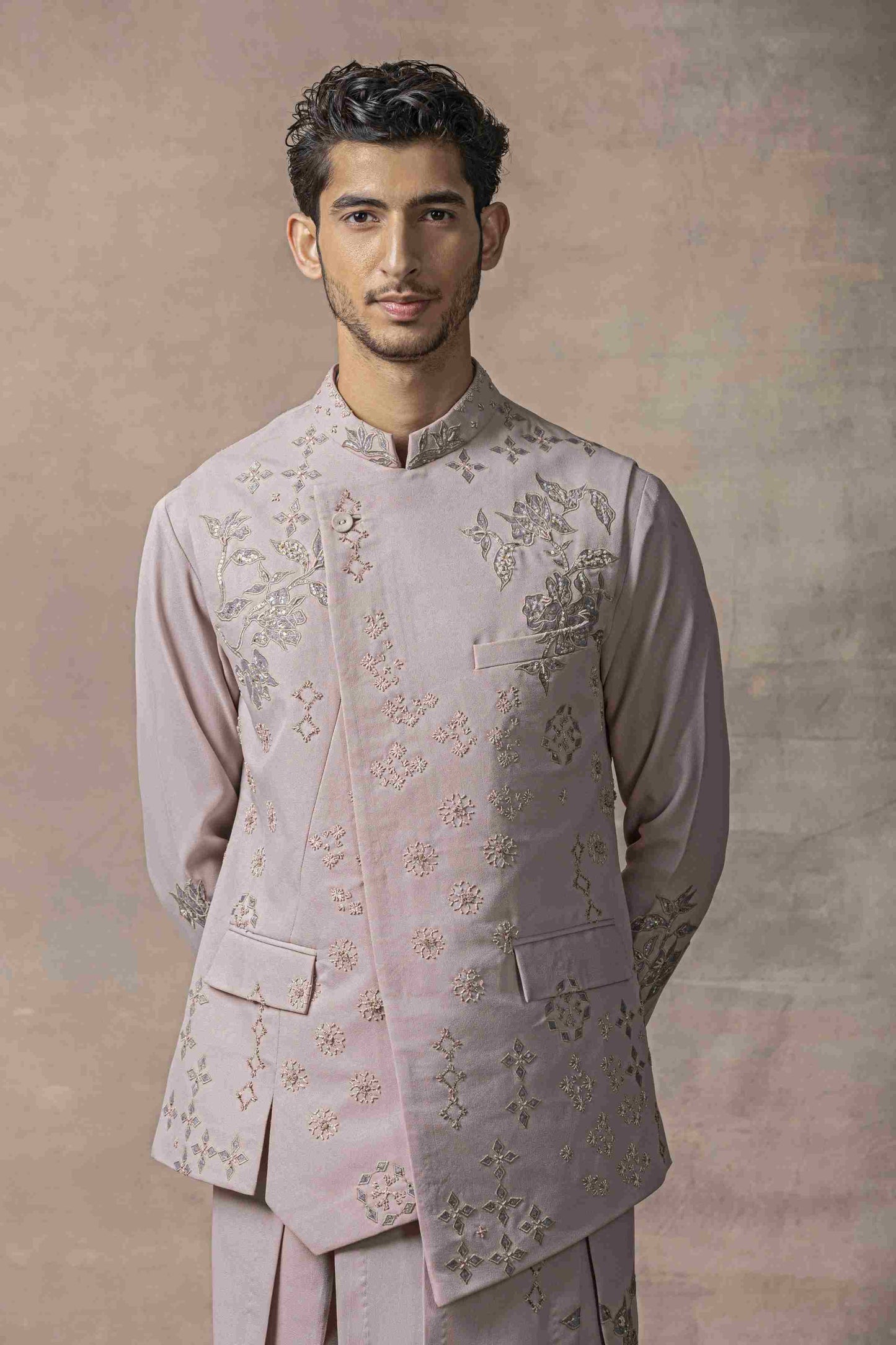 Lavender Waistcoat With Panel Kurta Set