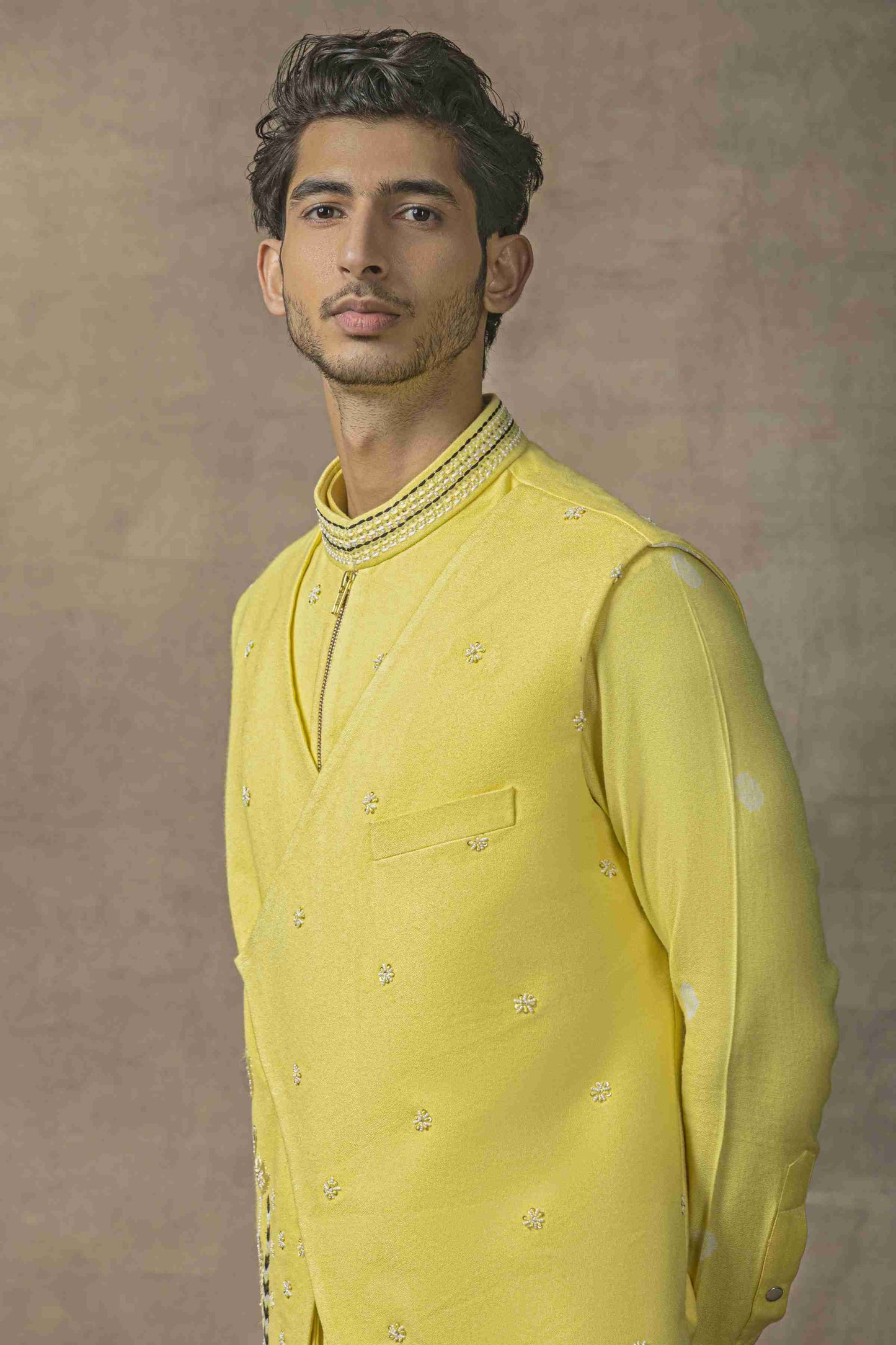 Lemon Waistcoat With Asymmetrical Kurta And Pants