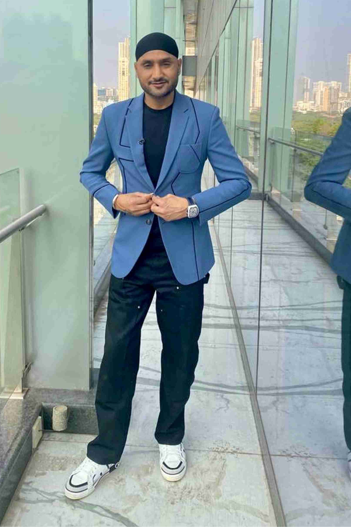 Harbhajan Singh in Blue Blazer With Contrast Piping
